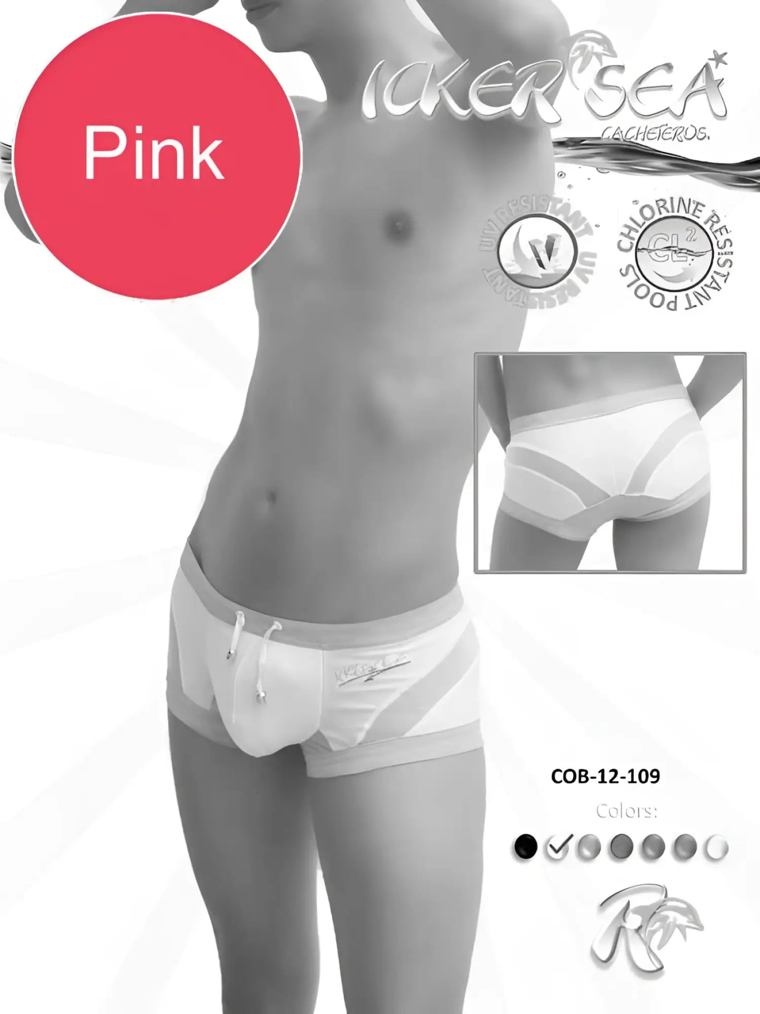 Pink icker sea transparent curve square cut swim trunks with white and light gray accents and drawstring waistband