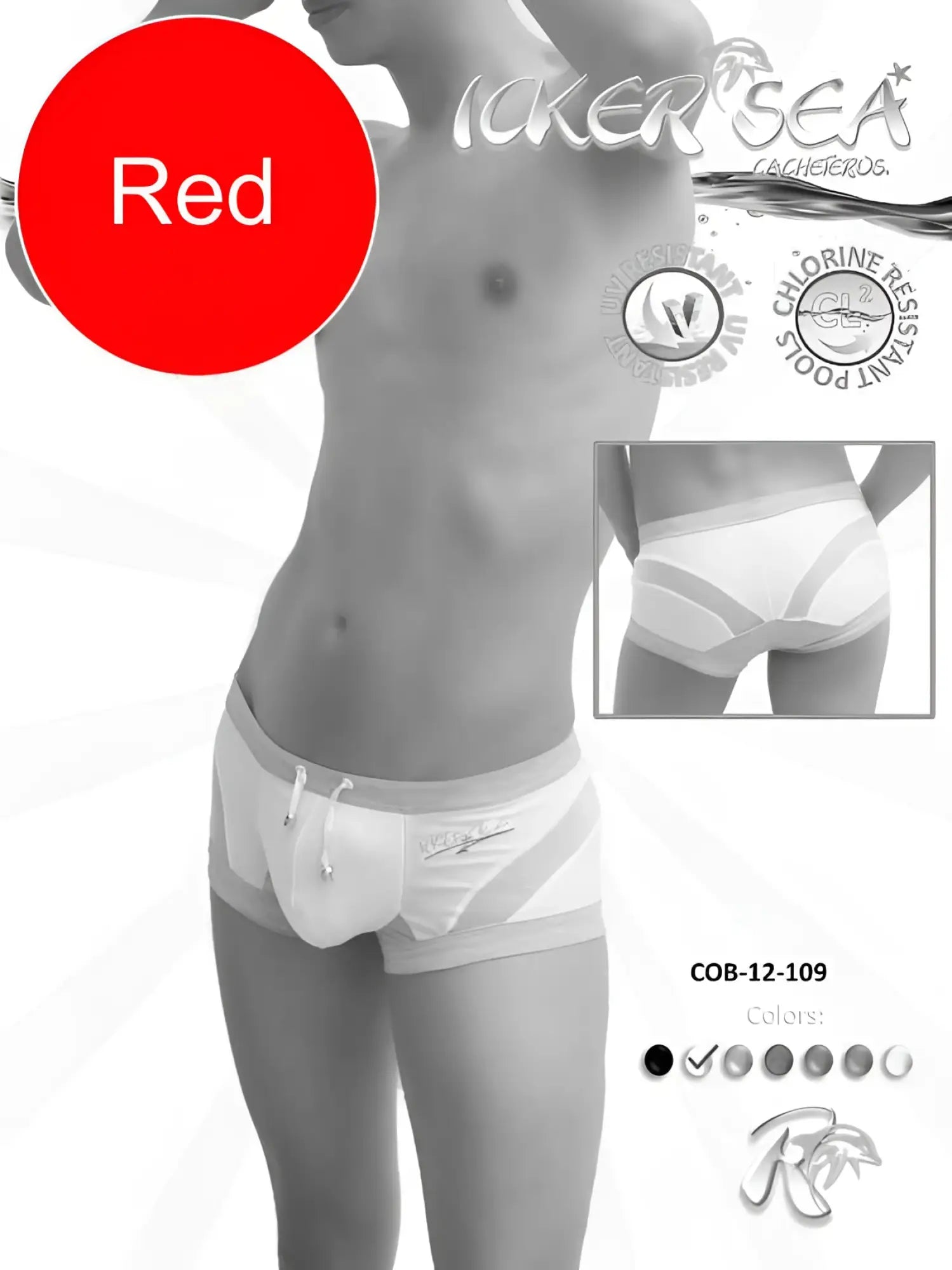 Icker Sea transparent curve square cut red men’s swim trunks with white gray accents and drawstring waistband