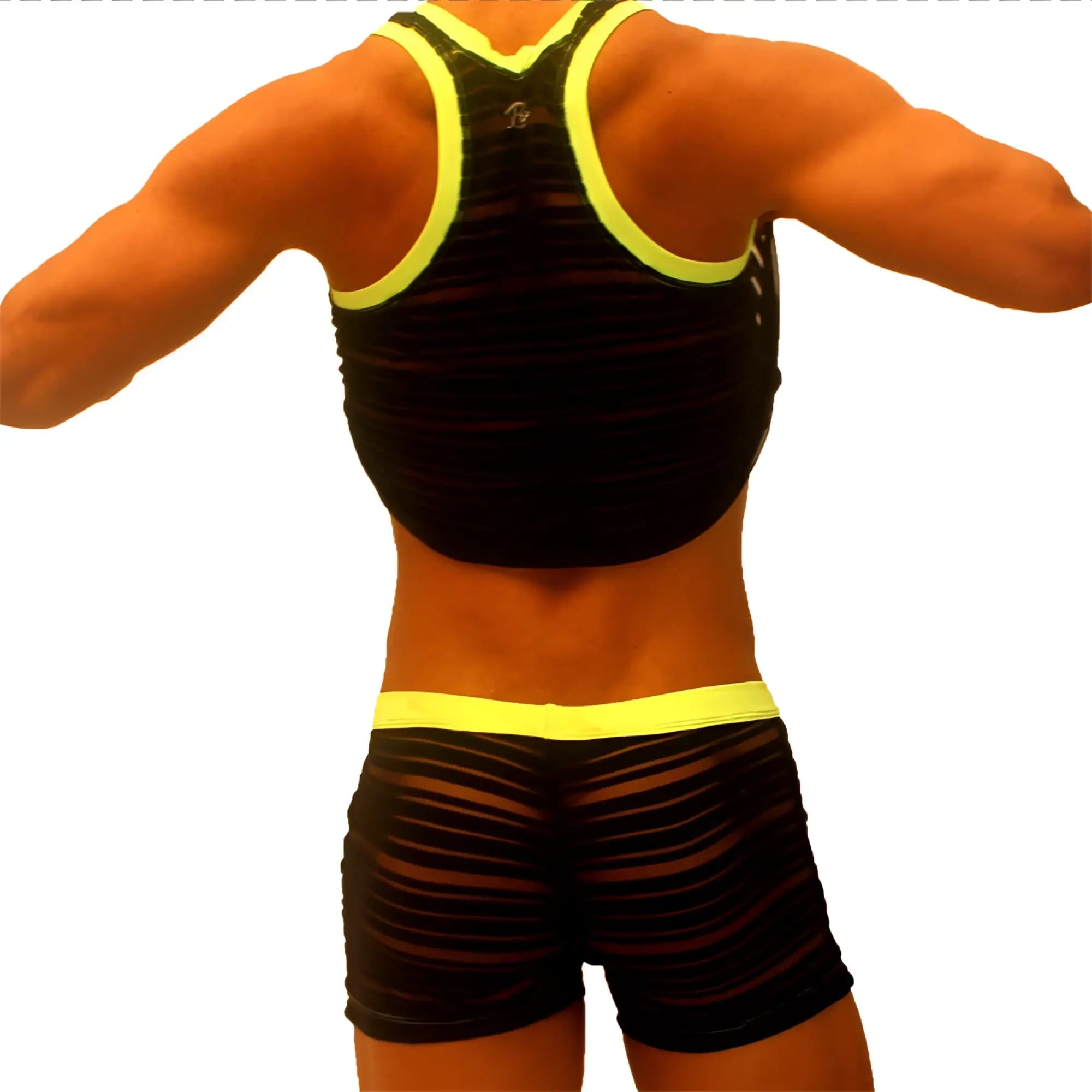 Icker Sea transparent lines stripes black mesh athletic tank top with neon yellow trim and matching boxer brief shorts