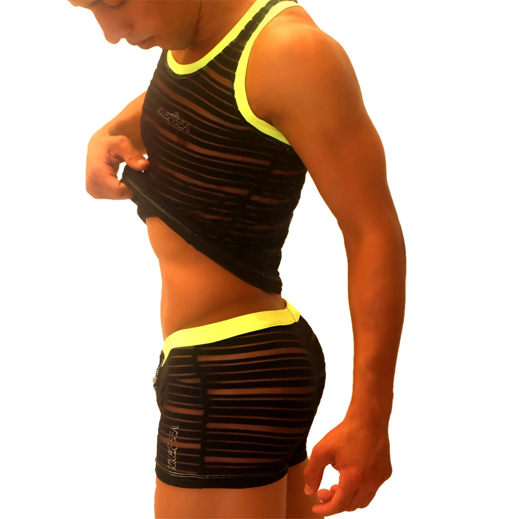 Icker Sea transparent lines stripes tank top and boxer brief pyjama set in black mesh with neon yellow stripes and bold contrast design