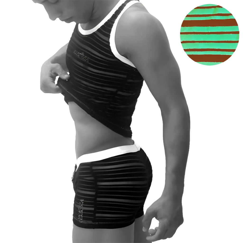 Icker Sea transparent lines stripes black and white athletic tank top with small chest logo in green PJ-19-01 set