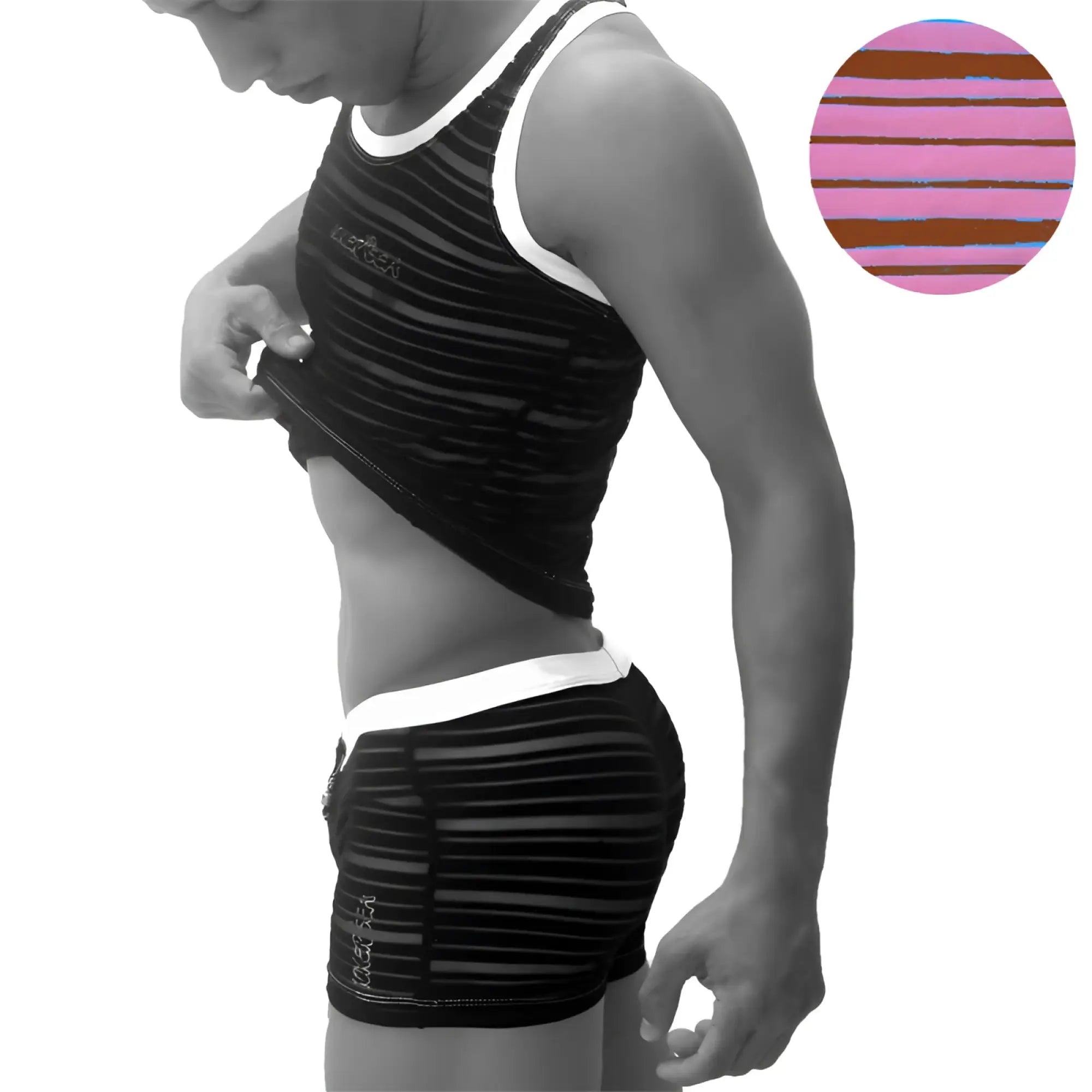 Icker sea black and white striped athletic tank top with small logo on chest from transparent lines pyjama set