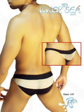 Black and white striped men’s swim trunks with high-waisted design from Icker Sea transparent panel slip bikini underwear collection