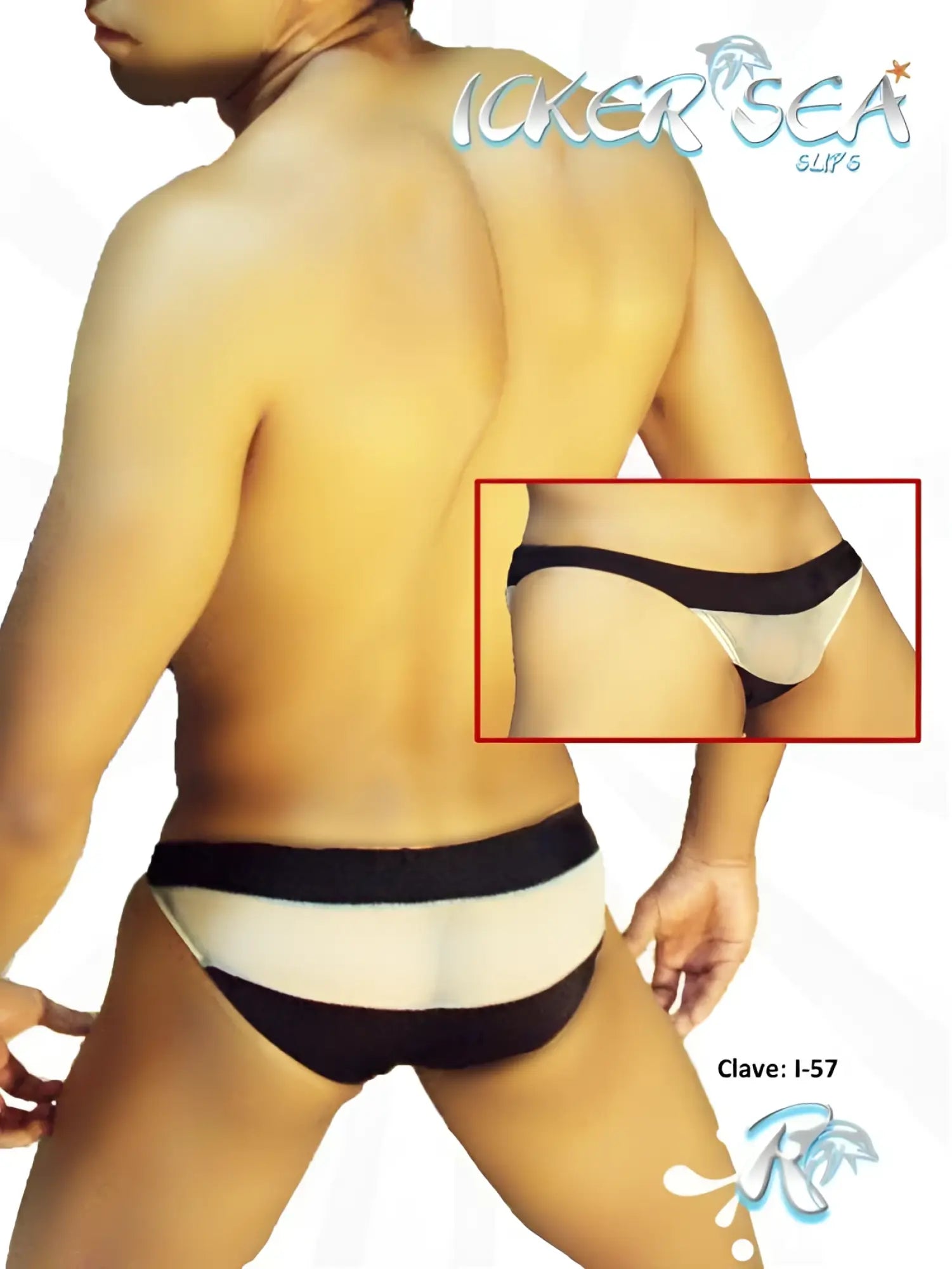 Black and white striped men’s swim trunks with high-waisted design from Icker Sea transparent panel slip bikini underwear collection