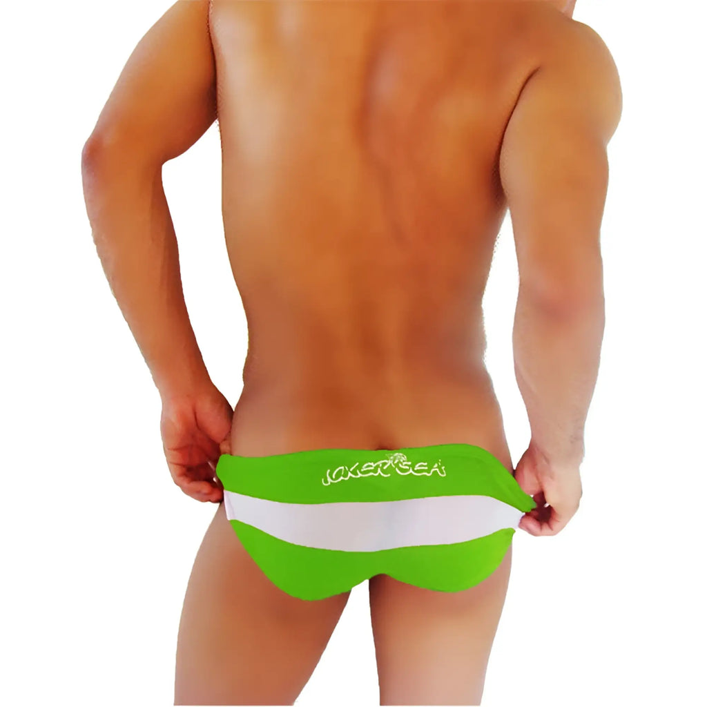 Bright green and white striped men’s swim trunks with joker sea logo embroidered on waistband in icker sea transparent panel slip bikini underwear green coi-16-21