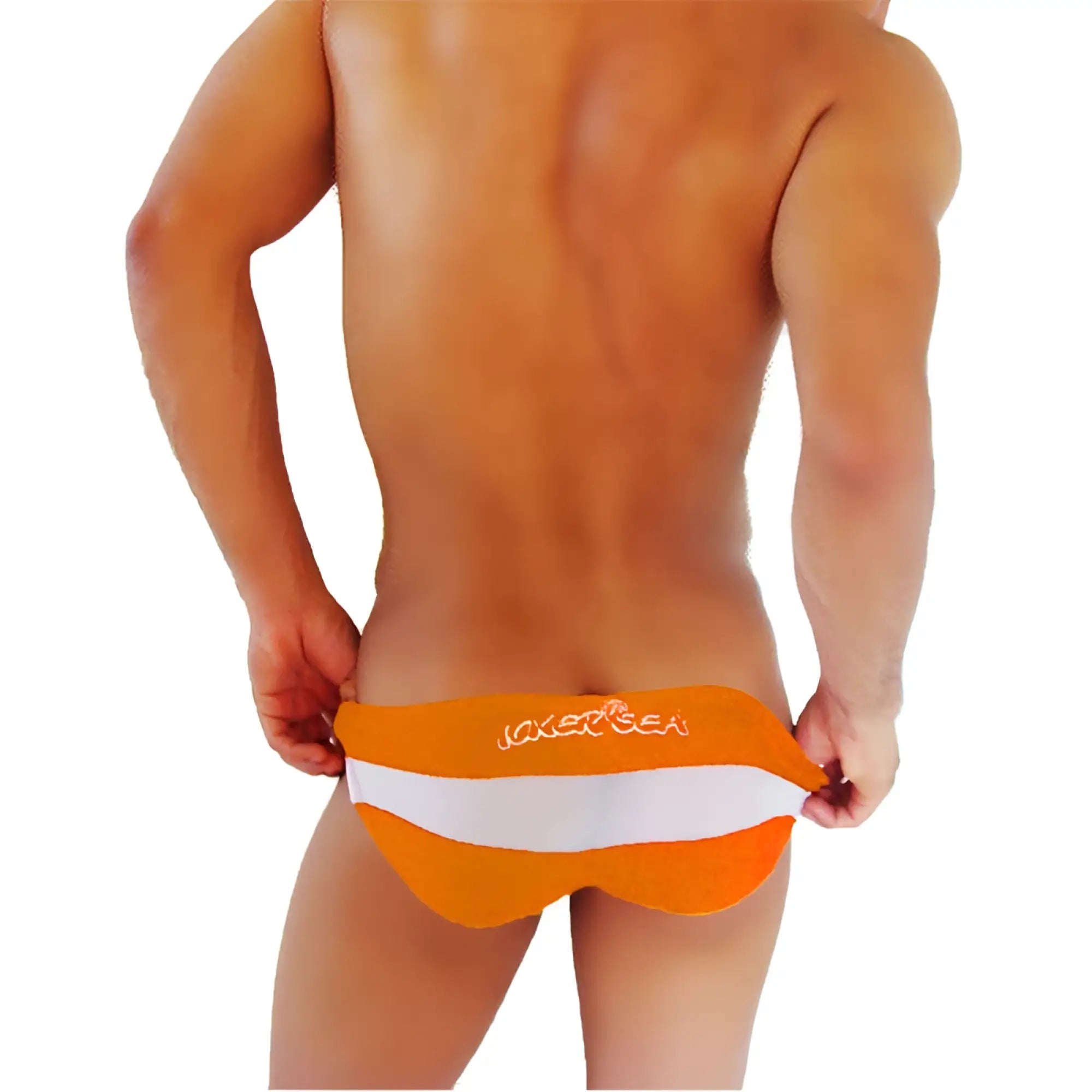 Orange and white striped men’s swim trunks with joker sea embroidered on the waistband for beachwear