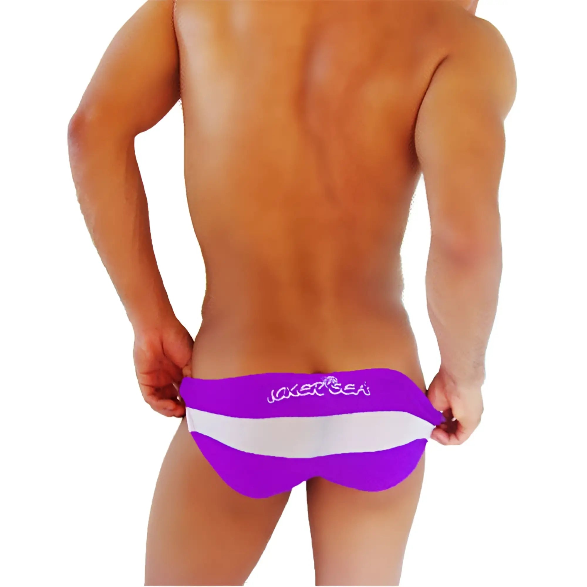 Purple and white striped men’s swim trunks with jack and sea logo for icker sea transparent panel slip bikini underwear