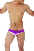 Purple and white Icker Sea transparent panel slip bikini underwear with bold angular design and swim trunk style