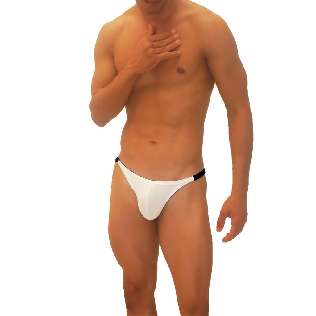White trapezoid thong underwear with black trim from icker sea featuring soft comfortable fabric