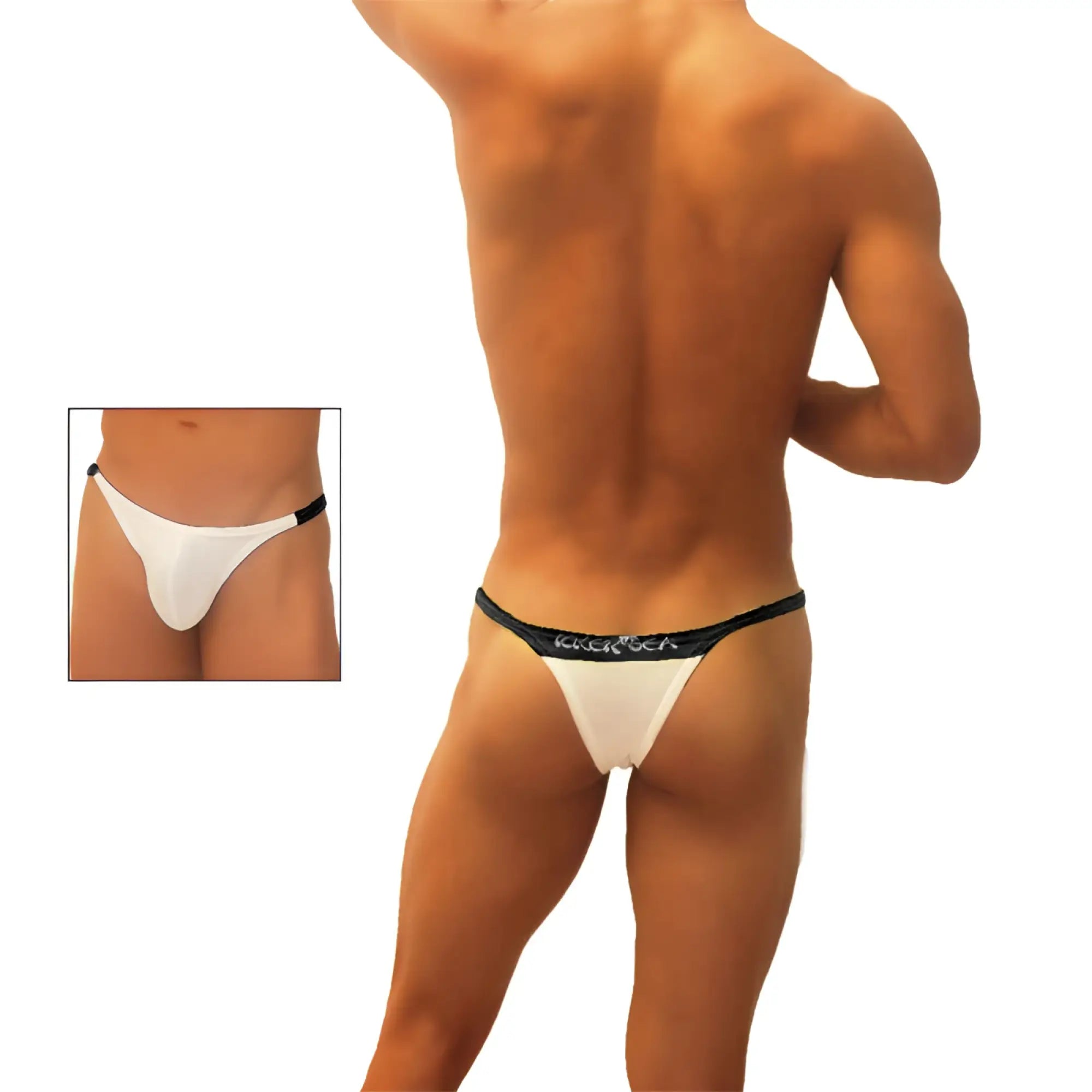 Icker Sea trapezoid thong underwear in white with black trim and subtle logo on the waistband, front view