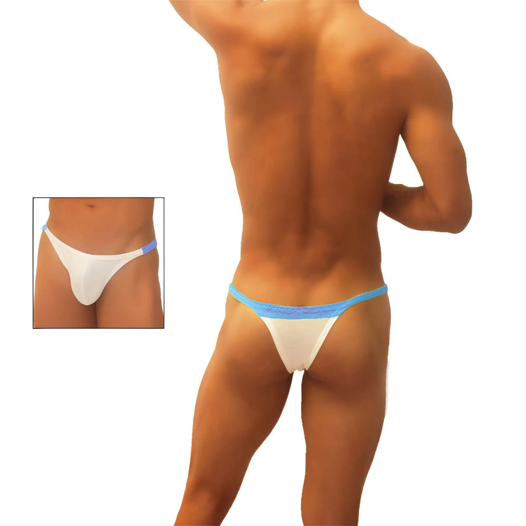 Icker Sea Trapezoid thong underwear in white with a light blue elastic waistband showing the back side