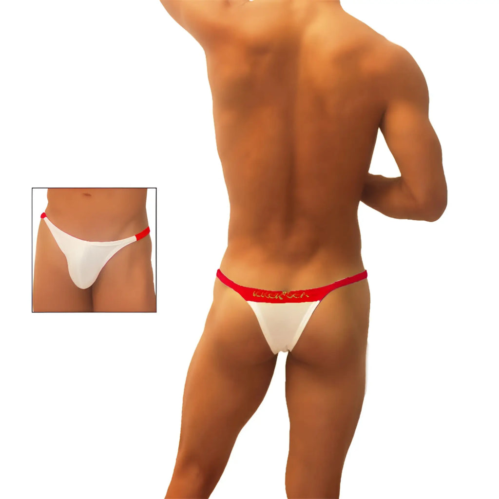 White thong underwear with red trim and gold lettering from icker sea trapezoid collection model coi-19-03