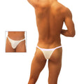 Icker Sea trapezoid white thong underwear with a thin seamless design and subtle lavender trim shown from the back