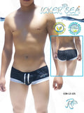 Black and white striped Icker Sea Tropical Mini Low Square Cut trunk swimwear designed for modern beachwear