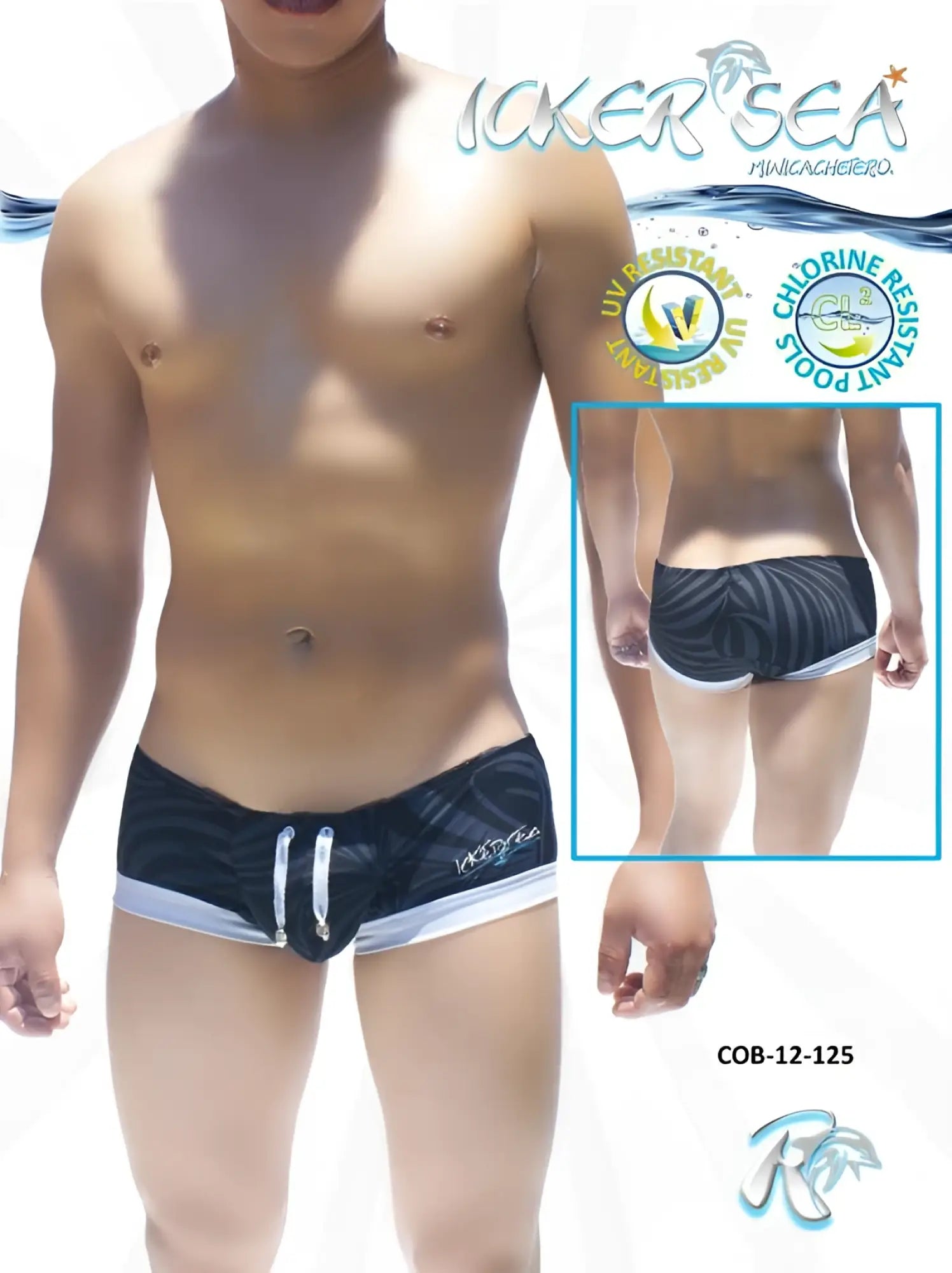 Black and white striped Icker Sea Tropical Mini Low Square Cut trunk swimwear designed for modern beachwear