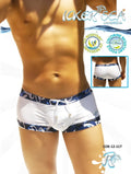 White swim trunks with navy blue patterned waistband and trim featuring drawstring closure icker sea usa trim square cut