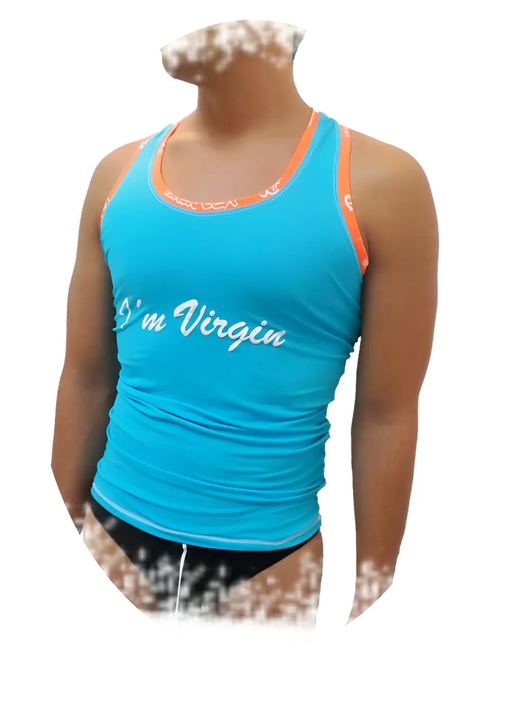 Bright turquoise icker sea virgin tank top t shirt with orange trim and white cursive text on the front