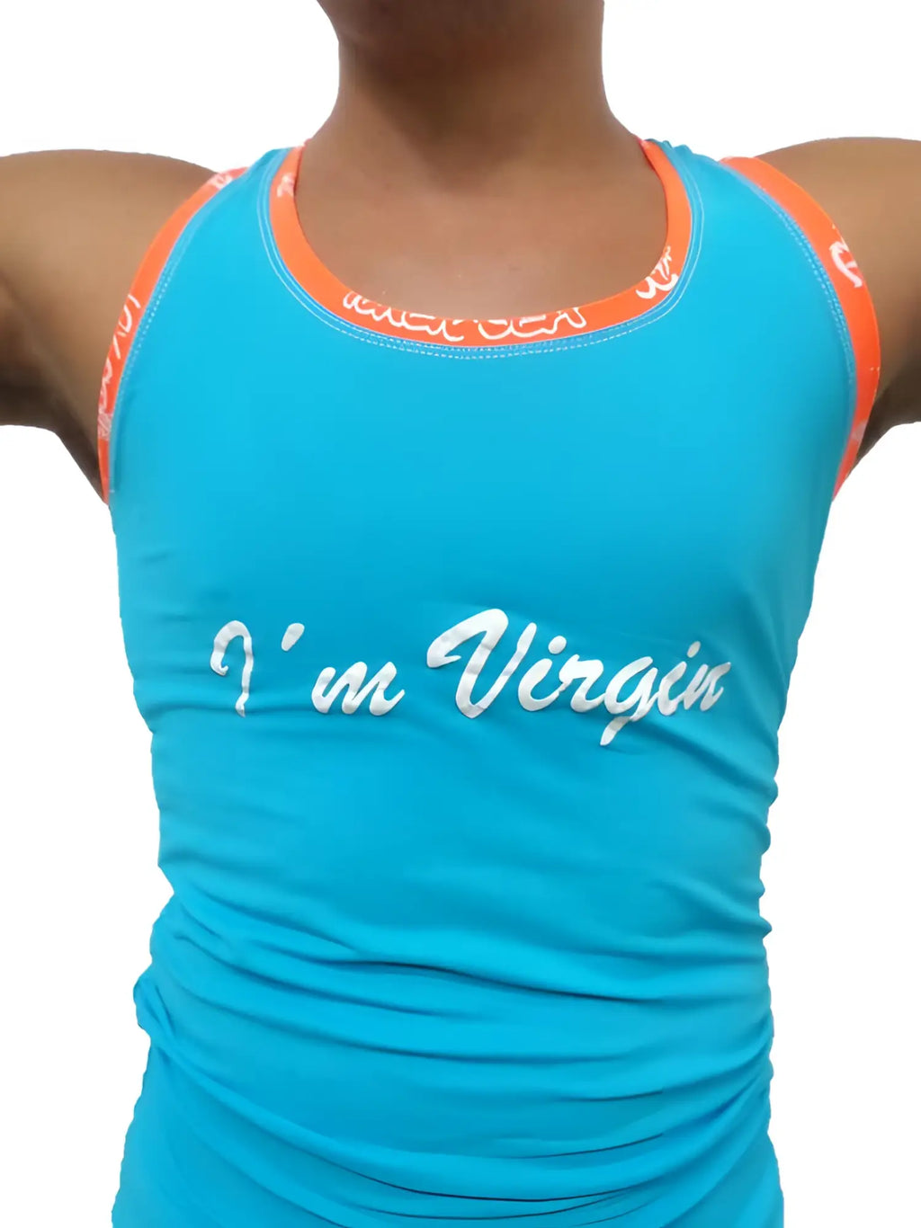 Bright turquoise Icker Sea Virgin tank top with orange trim and white cursive text across the chest