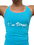 Bright turquoise Icker Sea Virgin tank top with orange trim and white cursive text across the chest