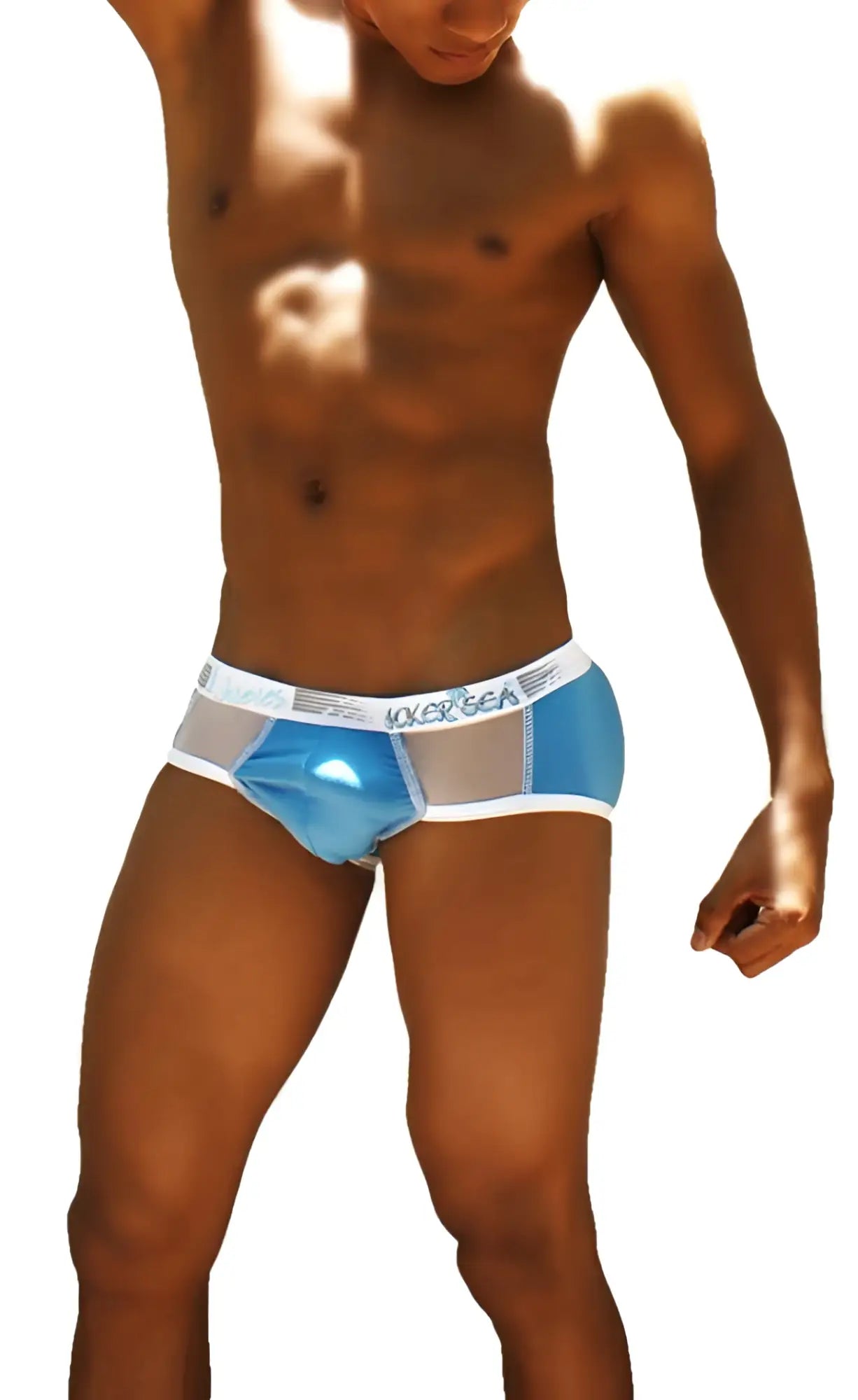 Icker Sea weekly contrast panel brief underwear blue white with shiny translucent blue front panel mens briefs