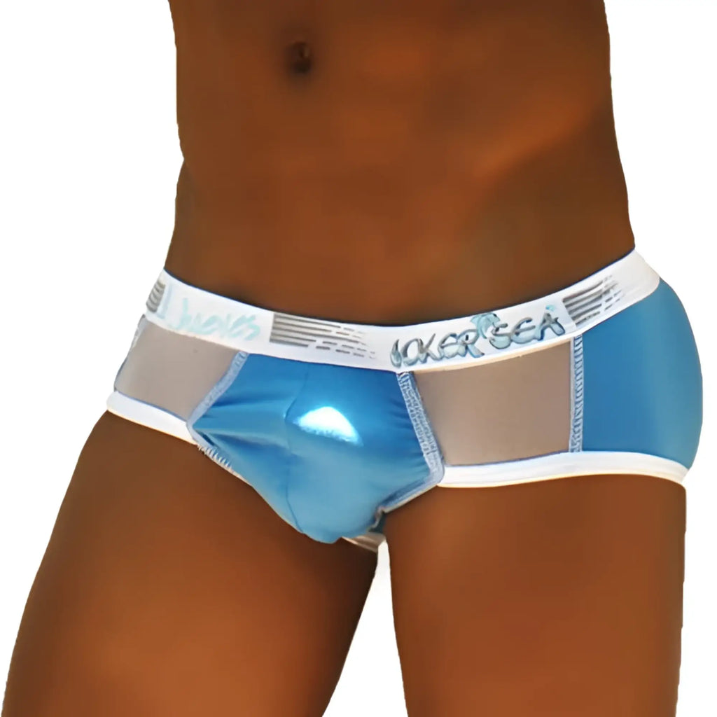 Blue and white mesh briefs with shiny blue contrast panel from icker sea weekly underwear wk-13-04