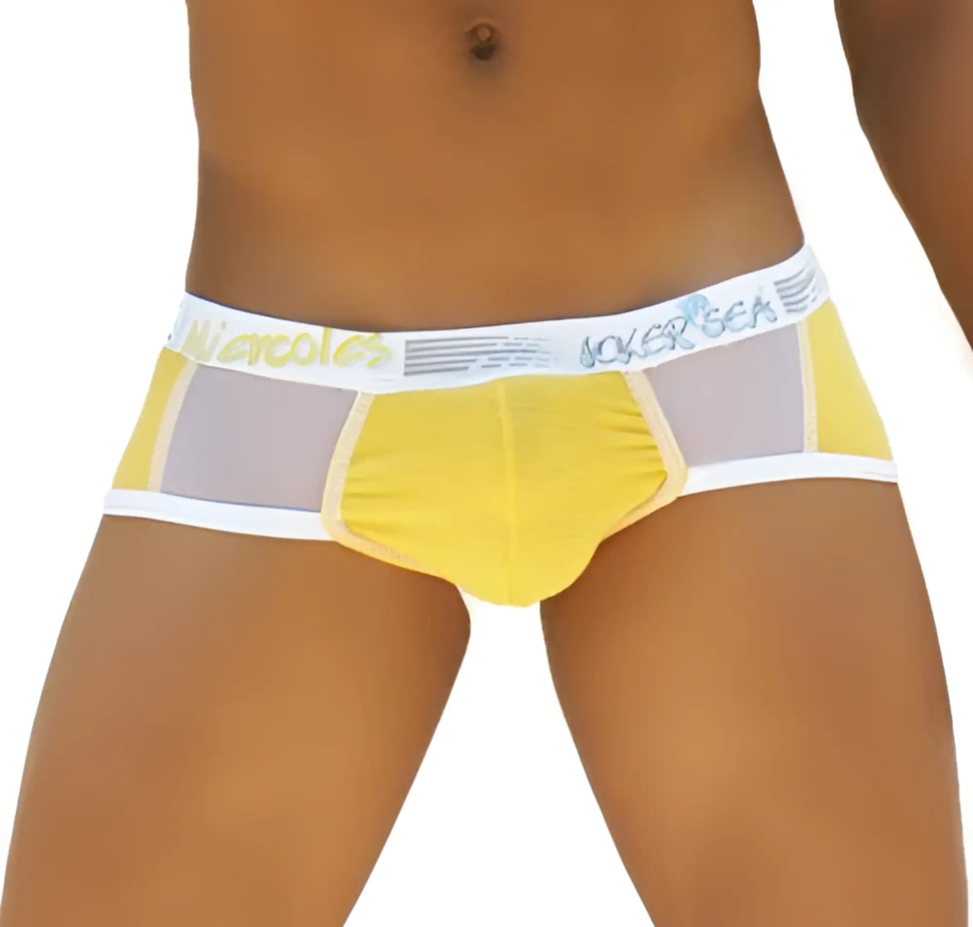 Icker sea weekly contrast panel brief underwear in yellow and gray with white elastic waistband and joker sea branding