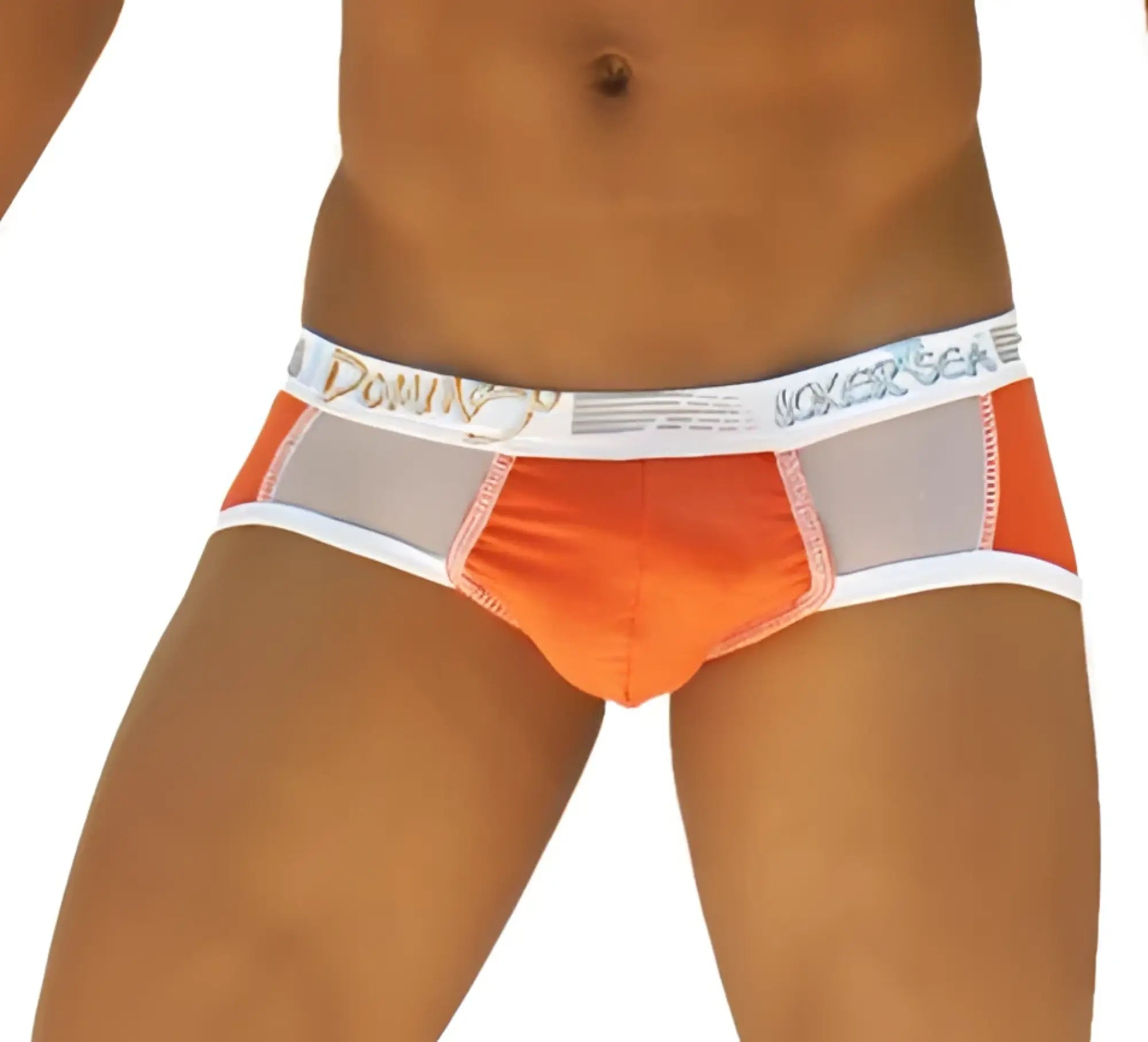 Orange and gray Icker Sea weekly contrast panel brief underwear with white waistband and dominos gold logo