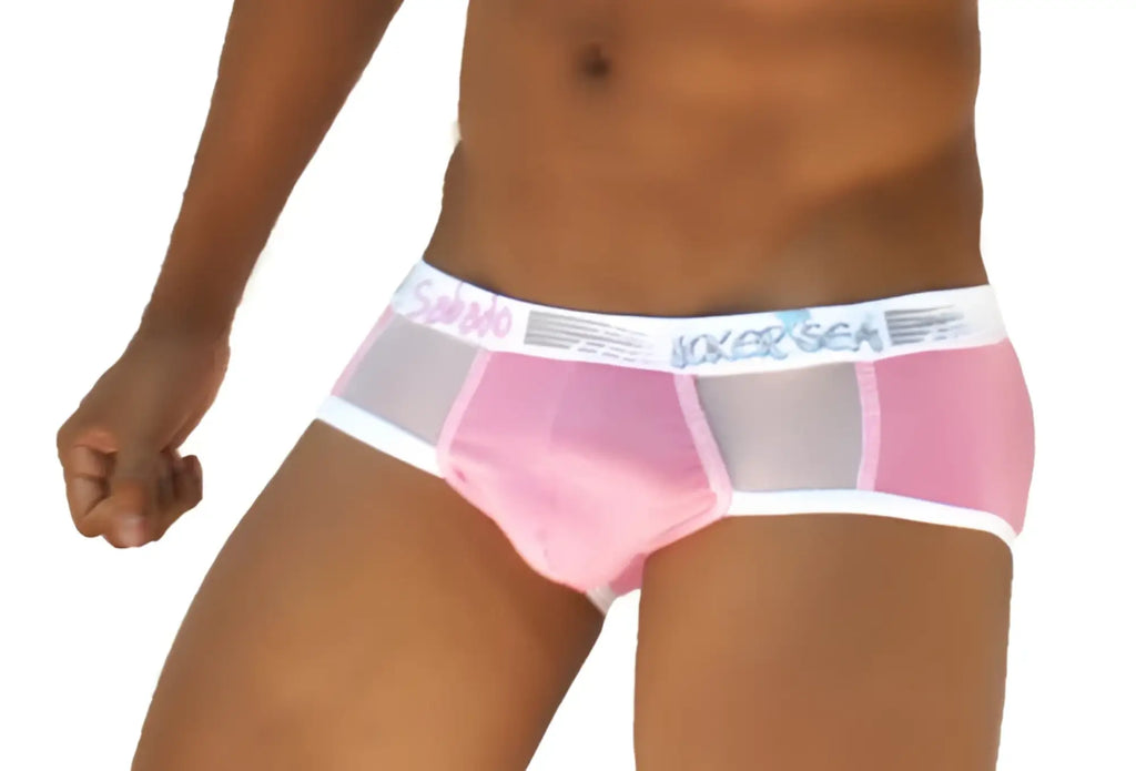 Icker sea weekly contrast panel brief underwear in pink and gray mesh with white elastic vokes sea waistband