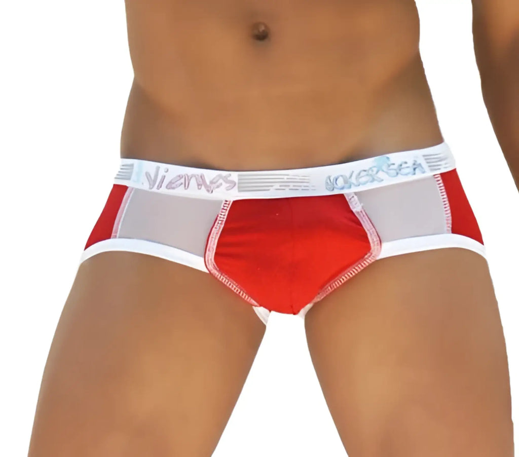 Red and white mesh briefs with branded waistband from icker sea weekly contrast panel underwear wk-13-05
