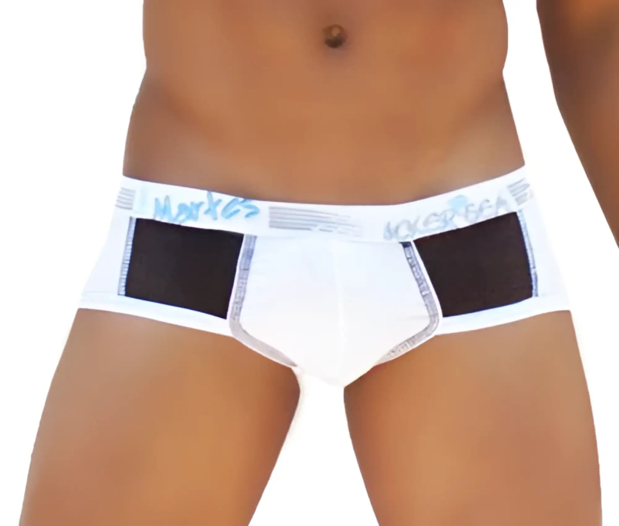White men’s briefs with black mesh contrast panels and light blue moroccan logo waistband from icker sea weekly