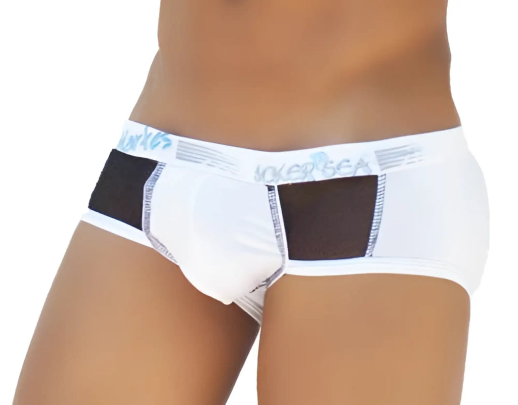 Icker sea weekly contrast panel brief underwear in white with black mesh panels and a light blue waistband logo