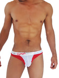 Red and white men’s briefs with viennes branding on the waistband in duotone mesh for comfortable everyday wear