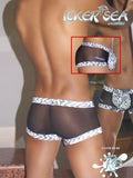 Black sheer men’s briefs with white zigzag trim and small logo side detail designed by icker sea zebra mesh boxer brief underwear