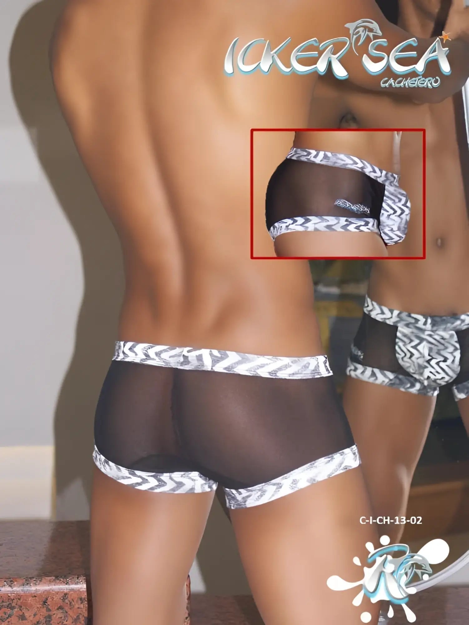Black sheer men’s briefs with white zigzag trim and small logo side detail designed by icker sea zebra mesh boxer brief underwear