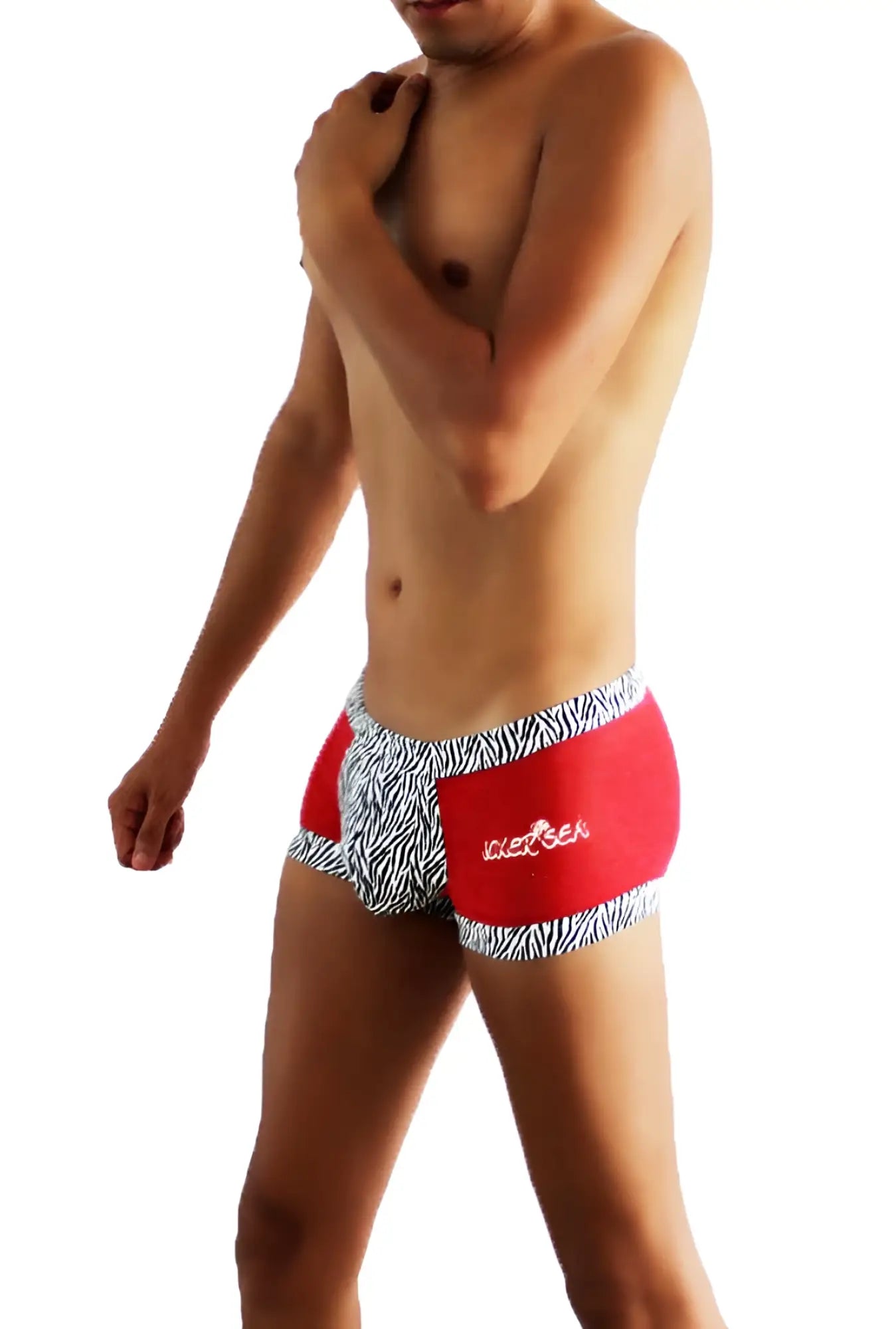 Red and black zebra-print men’s mesh boxer briefs with ice sea logo on the side icker sea zebra mesh boxer brief underwear red coi-16-07