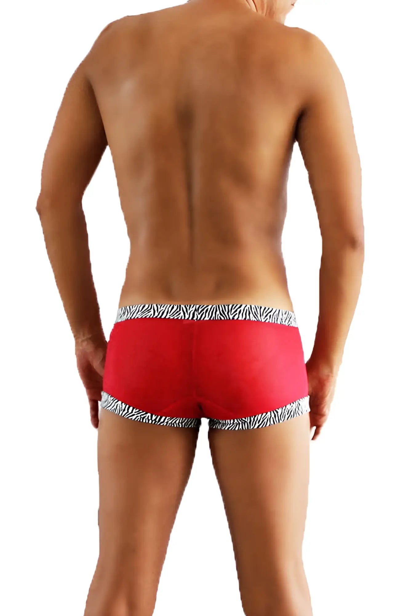 Icker Sea zebra mesh boxer brief underwear in red with black and white zebra-striped trim for comfortable fit