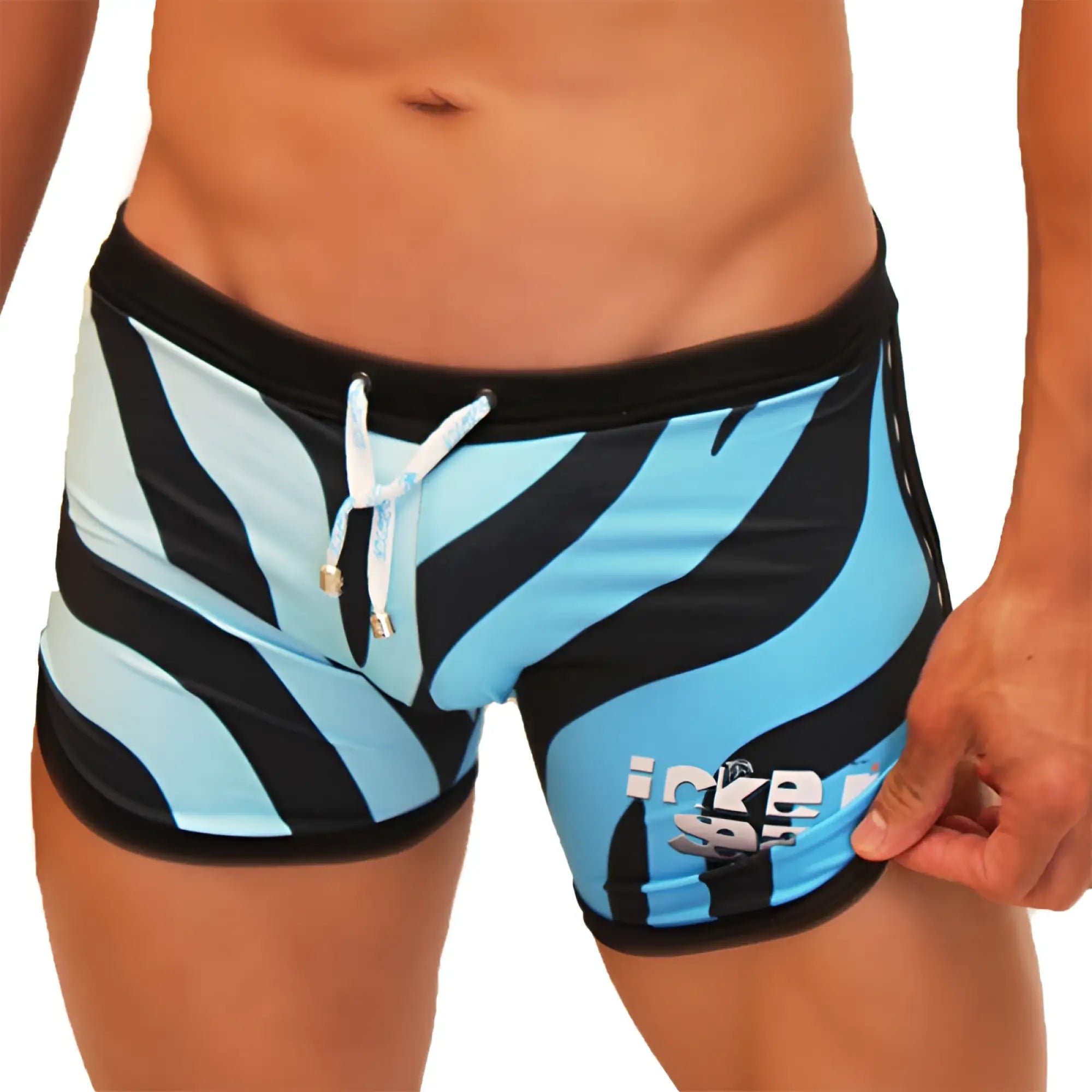 Icker Sea Zebra open side suspender scalloped blue swim trunks with black zebra stripes white drawstring and gold aglets