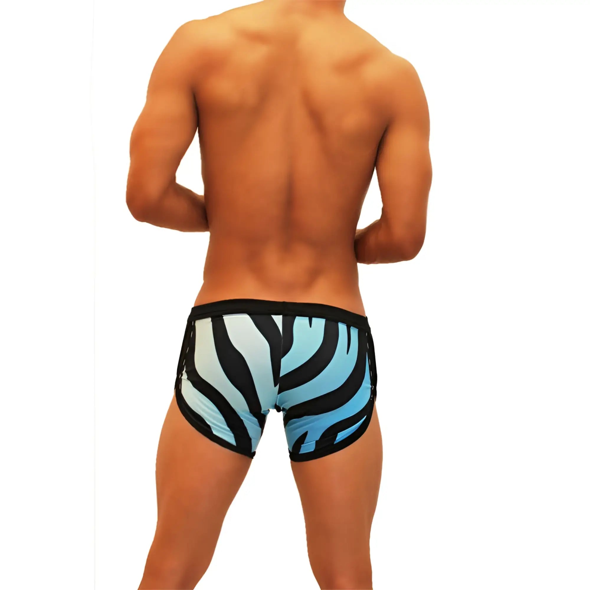 Icker Sea zebra open side suspender scalloped blue swim trunks feature blue and black zebra stripes with a modern design