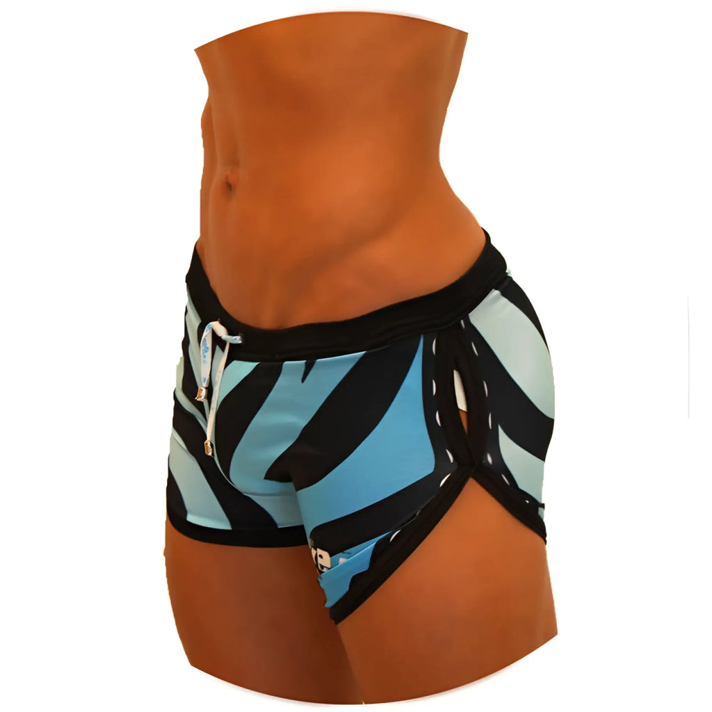 Icker Sea zebra open side suspender scalloped shorts swimwear in blue with black zebra stripes and black elastic waistband