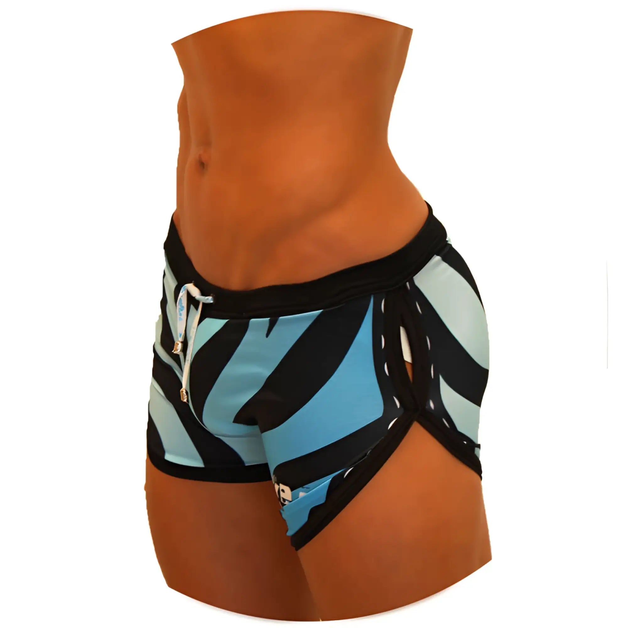 Icker Sea zebra open side suspender scalloped shorts swimwear in blue with black zebra stripes and black elastic waistband
