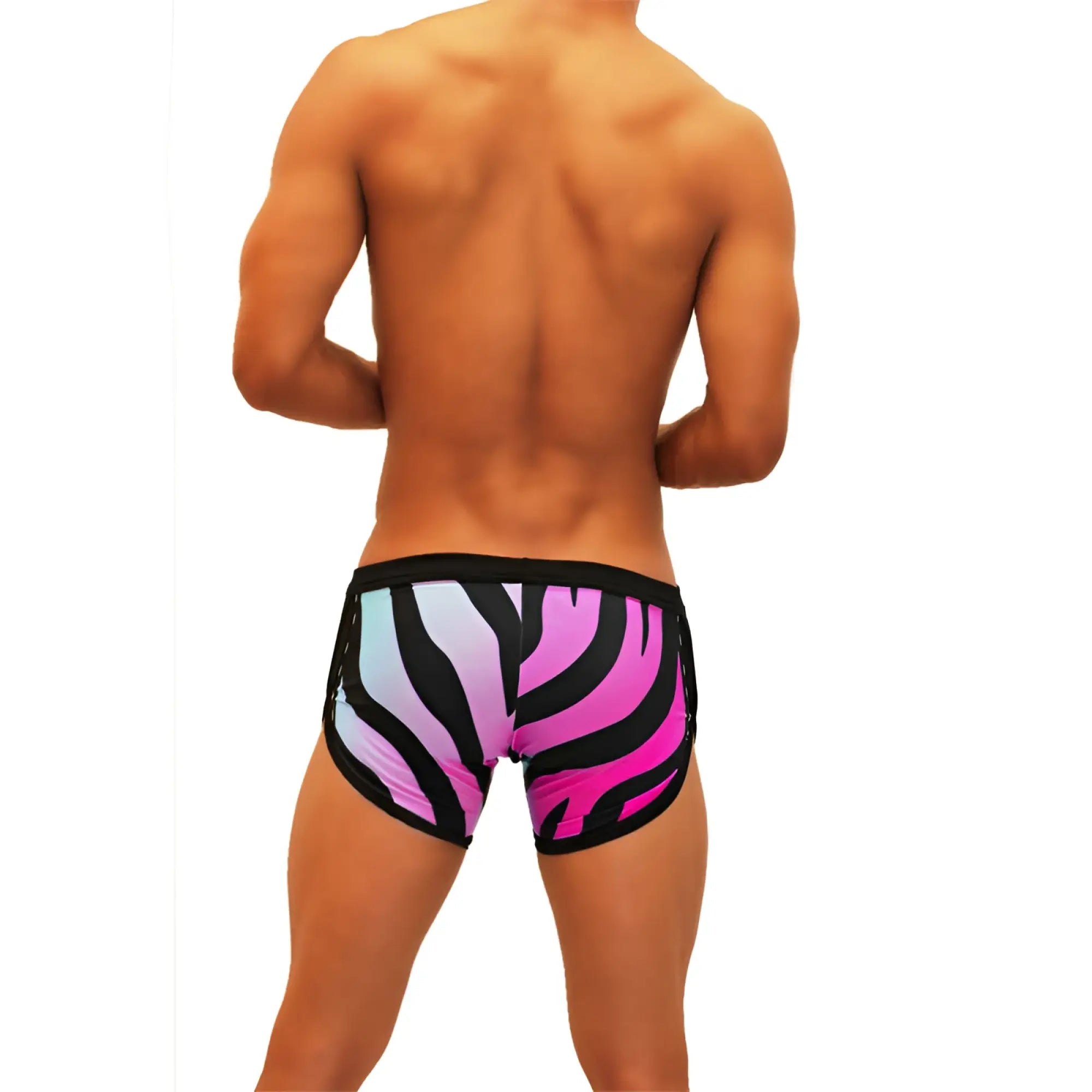 Vibrant pink and black zebra-striped icker sea zebra open side suspender scalloped swim trunks with modern design