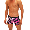 Vibrant pink and black zebra-striped swim trunks with white drawstring from icker sea zebra open side scalloped shorts