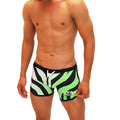 Vibrant neon green and black zebra-striped icker sea zebra open side suspender scalloped shorts swimwear with white drawstring