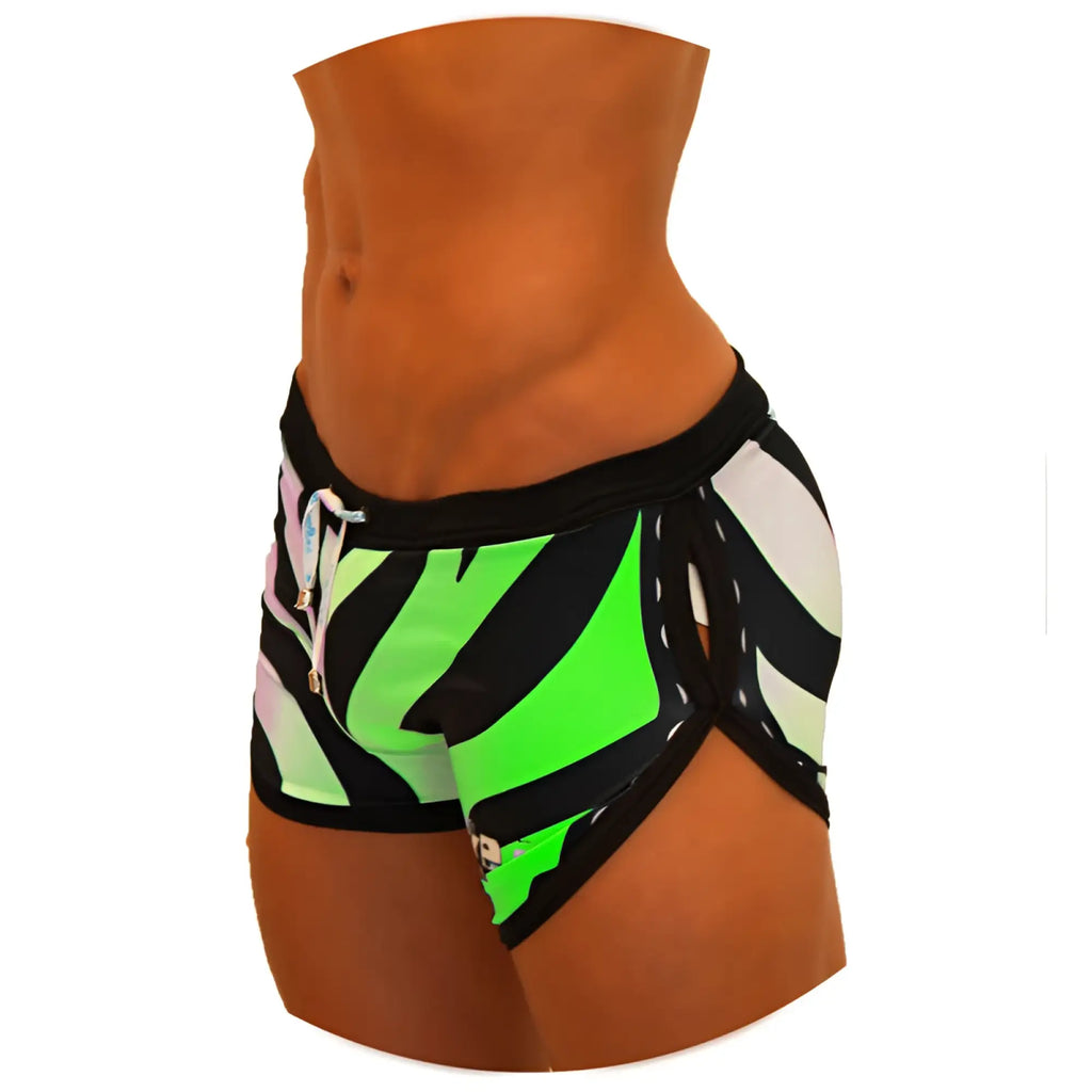 Vibrant neon green and black zebra striped icker sea zebra open side suspender scalloped shorts swimwear with pink accents