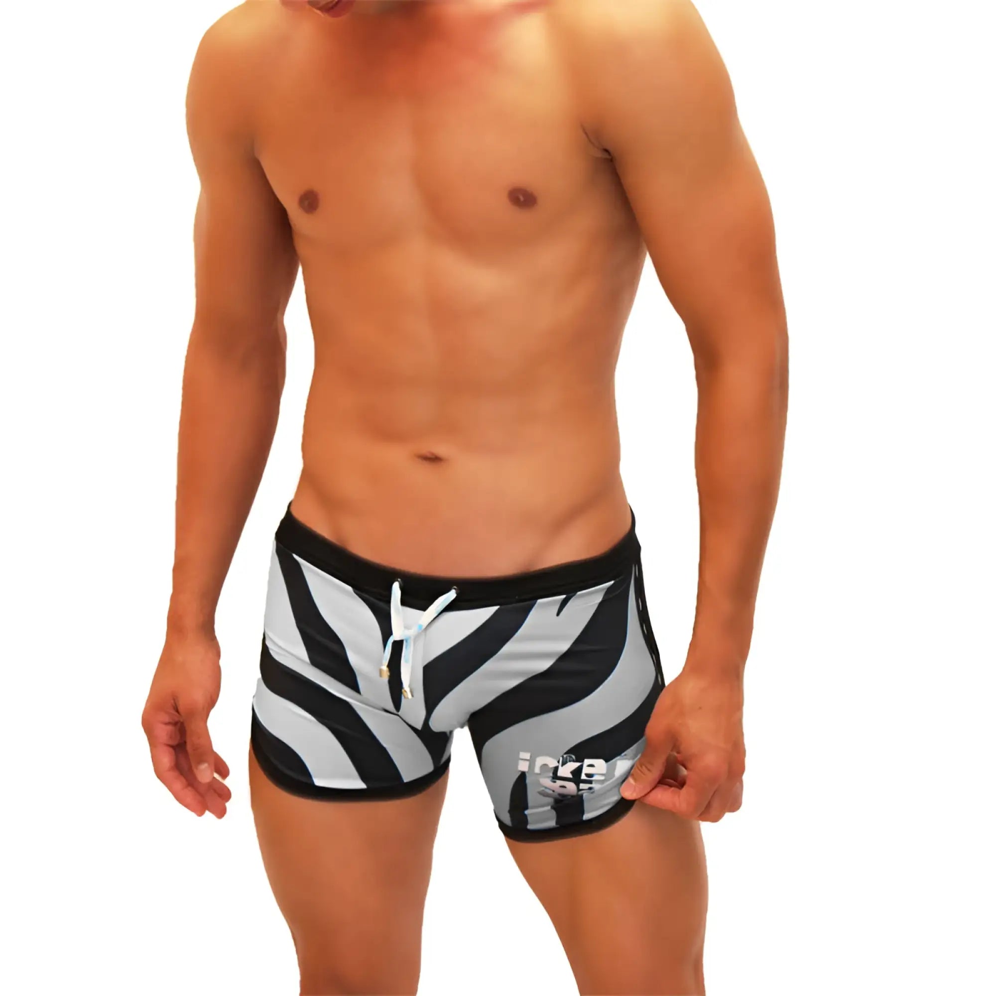 Icker Sea Zebra open side suspender scalloped mens swim trunks in black and white zebra stripes with black waistband and drawstring