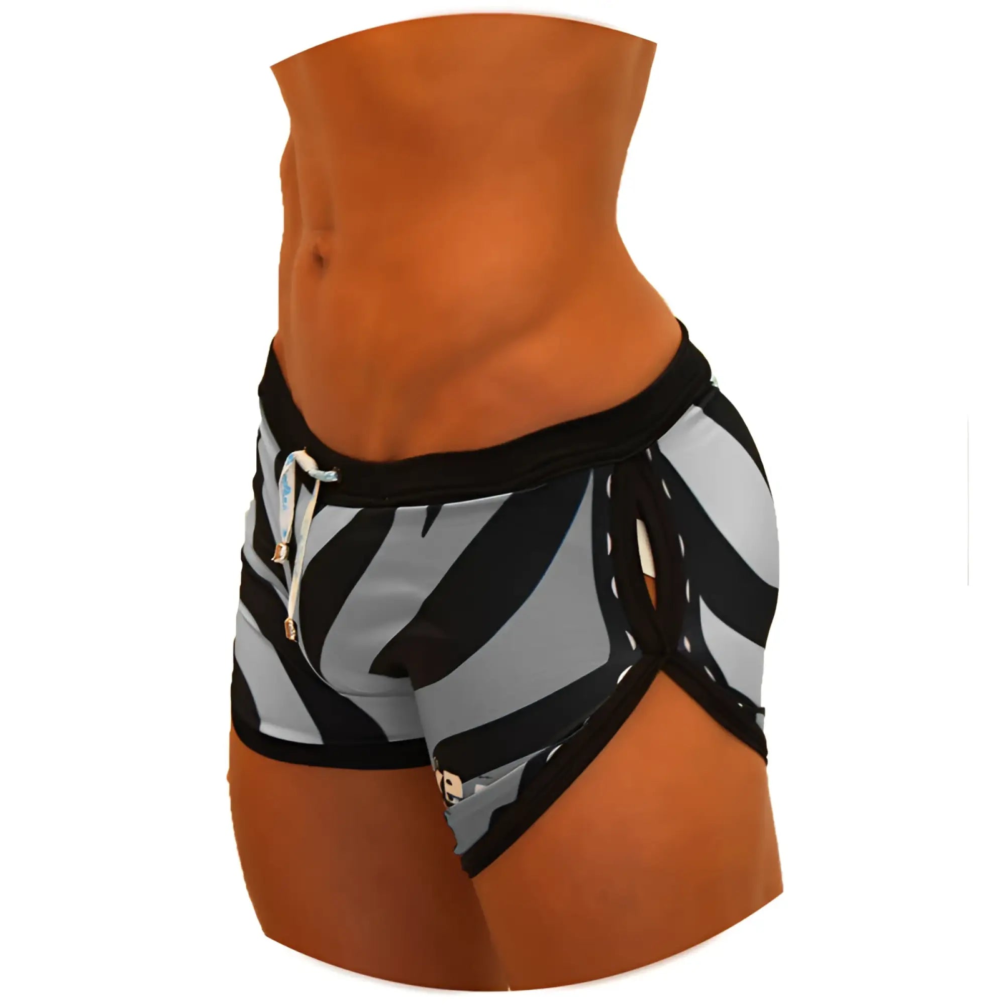 Icker Sea zebra open side suspender scalloped swim shorts in black and gray zebra stripes with black waistband and white drawstring