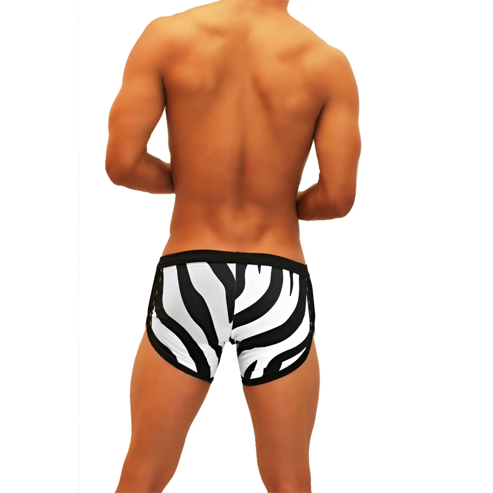 Icker Sea zebra open side suspender scalloped swim trunks in black and white with a sleek fitted design
