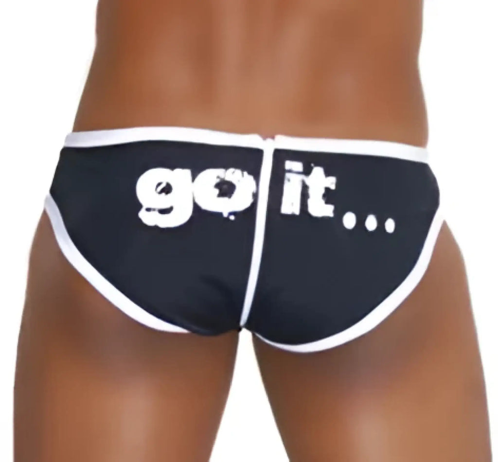 Black icker sea zipper back pas slip bikini swim trunks with white go it text and trim for swimwear use