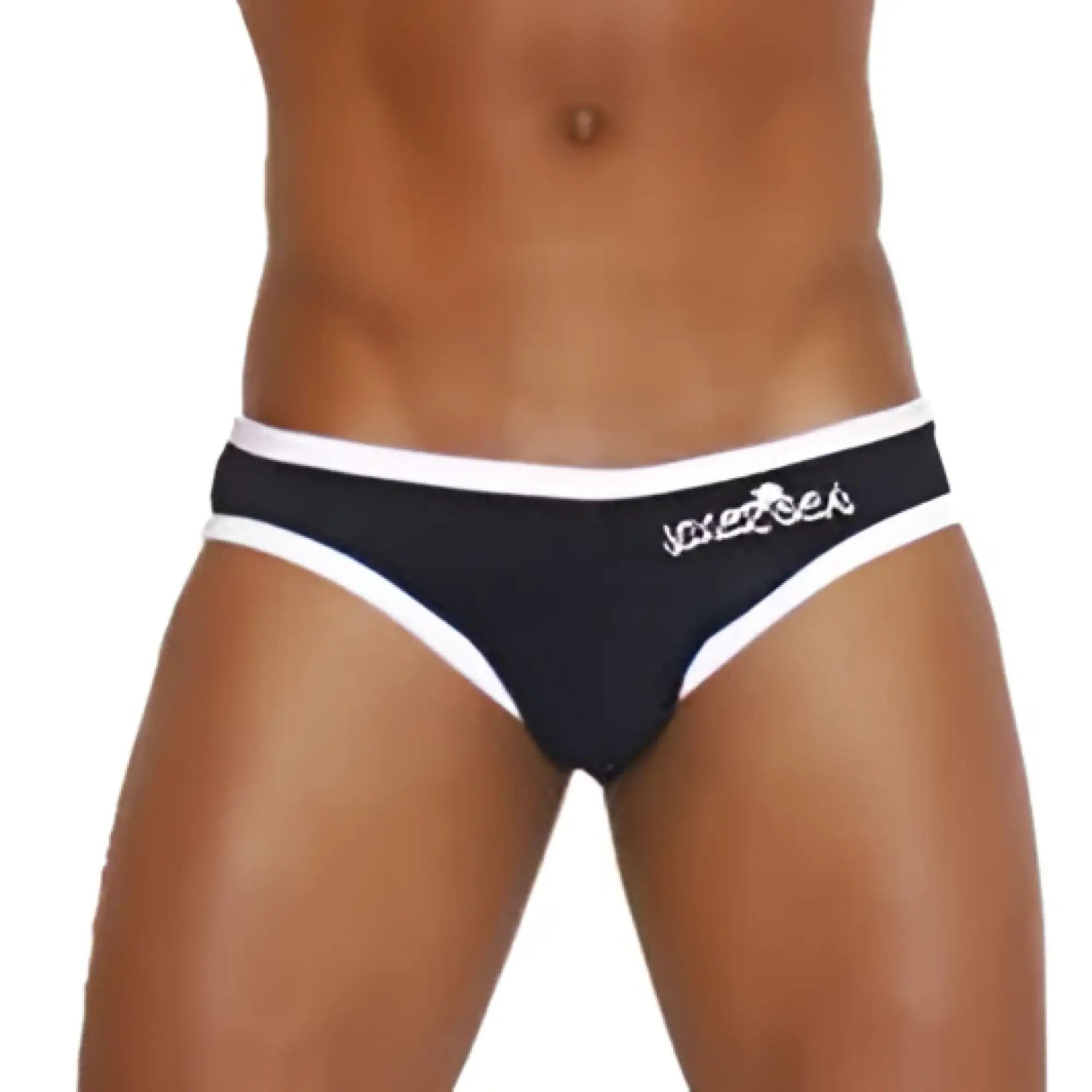Black and white icker sea zipper back pas slip bikini swimwear trunks with subtle logo on waistband back view