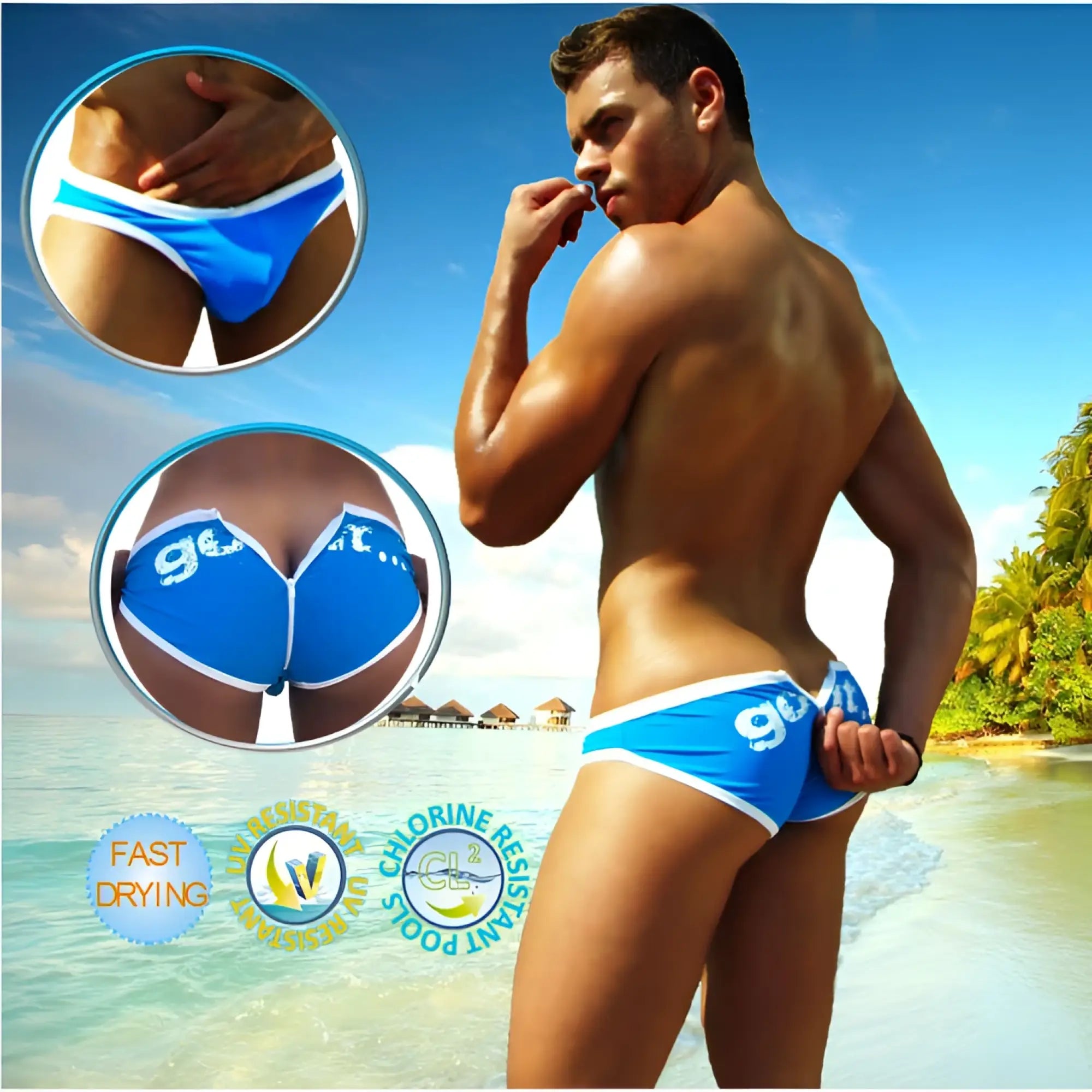 Bright blue icker sea zipper back pas slip bikini swimwear with white trim and subtle ge logo on the side back view